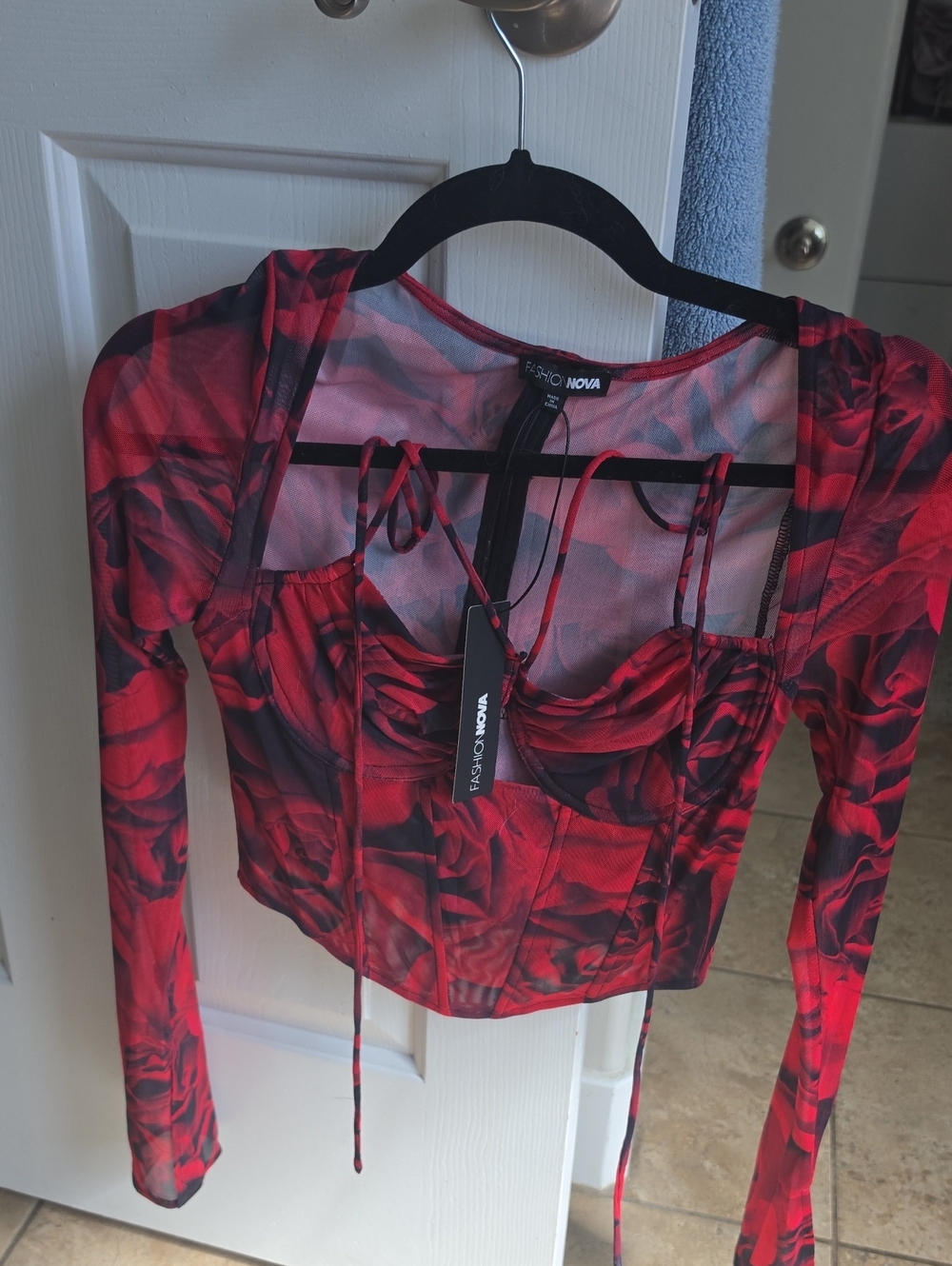 Fashion Nova Red Rose Mesh Long Sleeve Bustier Crop Top Small
